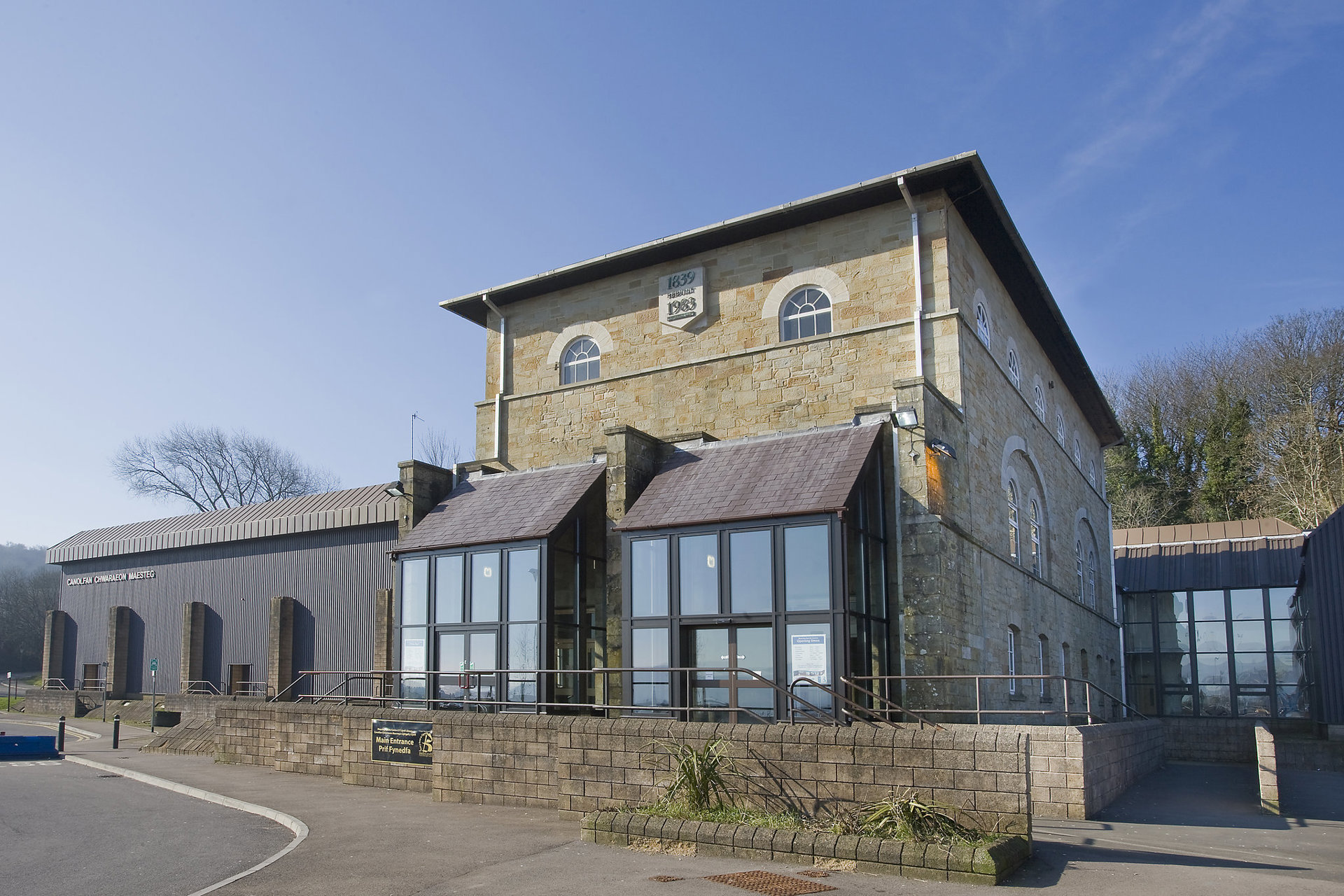 The front of Maesteg Sports Centre on a sunny winter day